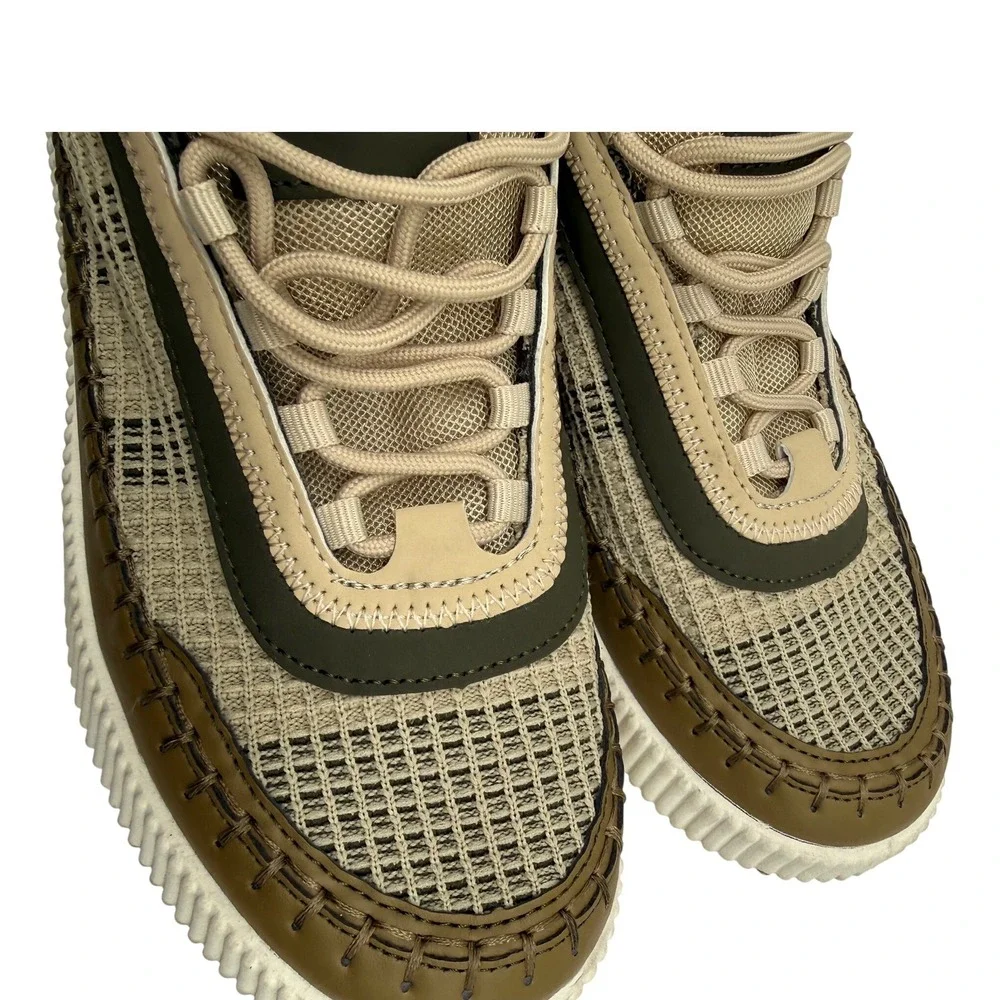 Nicole Miller Platform Sneakers Womens 8 Olive Tan Excellent Mixed Media Mesh